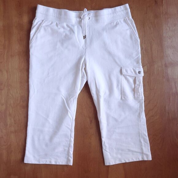 VTG Lauren Ralph Lauren Active Sweatpants Sz L *HOLE Cropped Cotton Cream Cargo - Picture 1 of 13